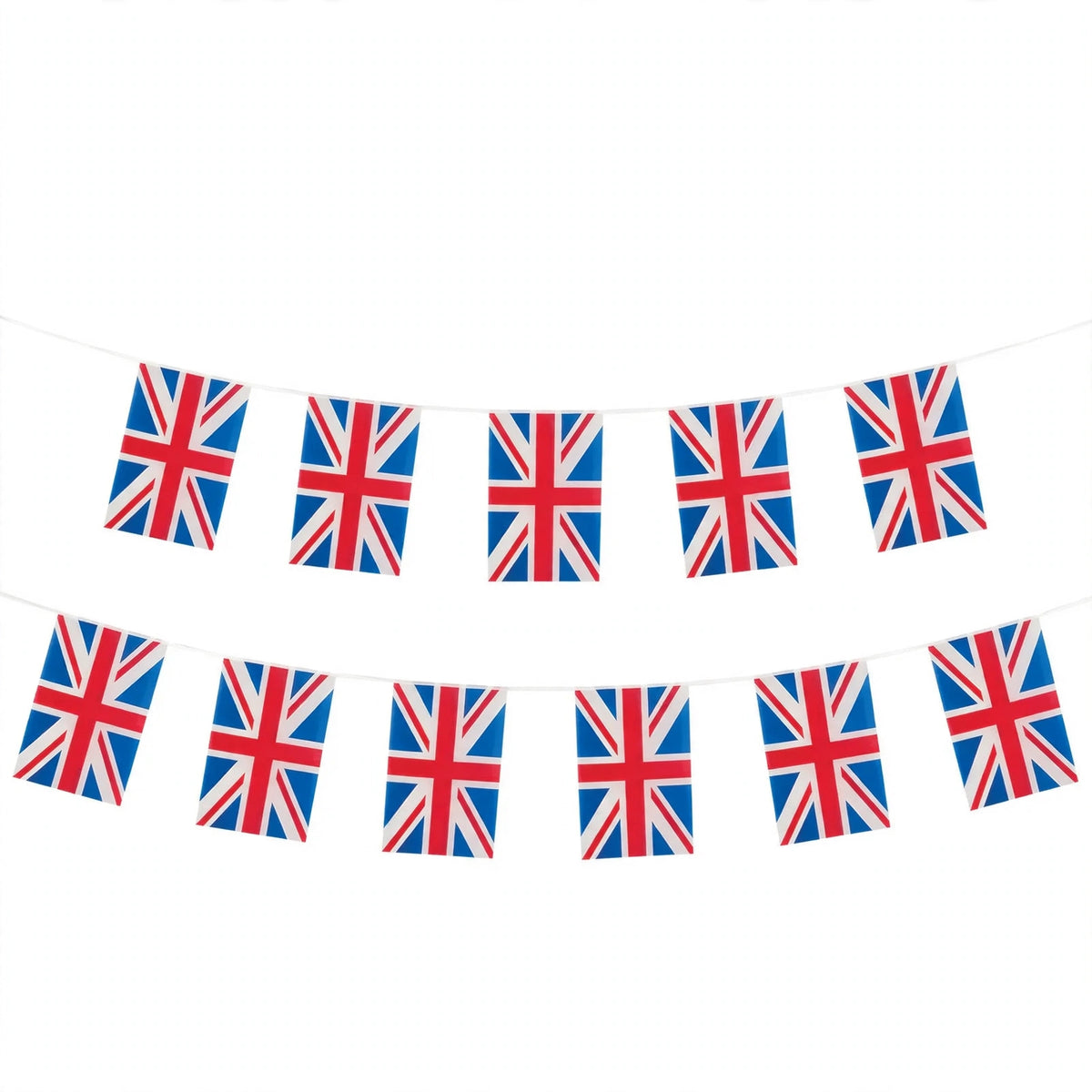Great Britain Union Jack bunting with 11 red white and blue flags on a 4-metre string