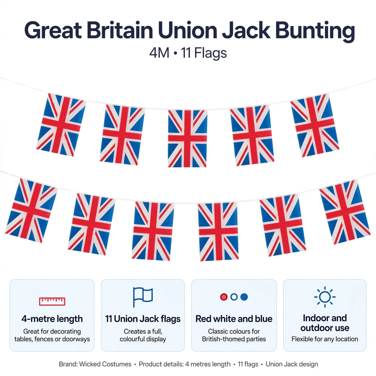 Infographic showing 4-metre length and 11 Union Jack flags in red white and blue