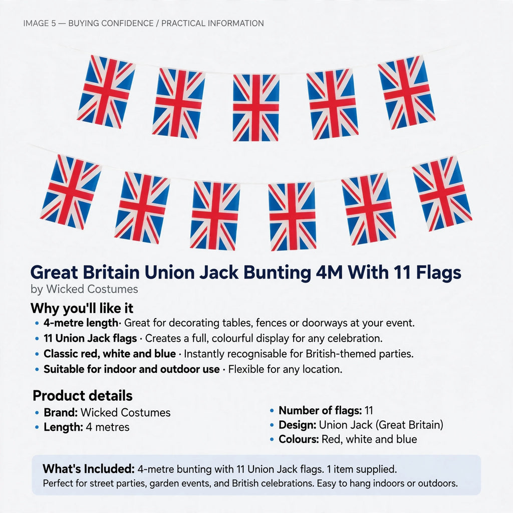 Great Britain Union Jack bunting suitable for indoor and outdoor use with 11 flags on 4-metre string