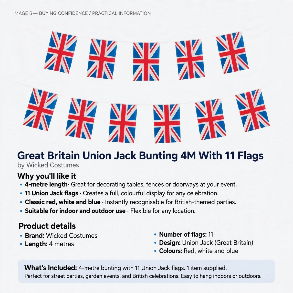 Great Britain Union Jack bunting suitable for indoor and outdoor use with 11 flags on 4-metre string