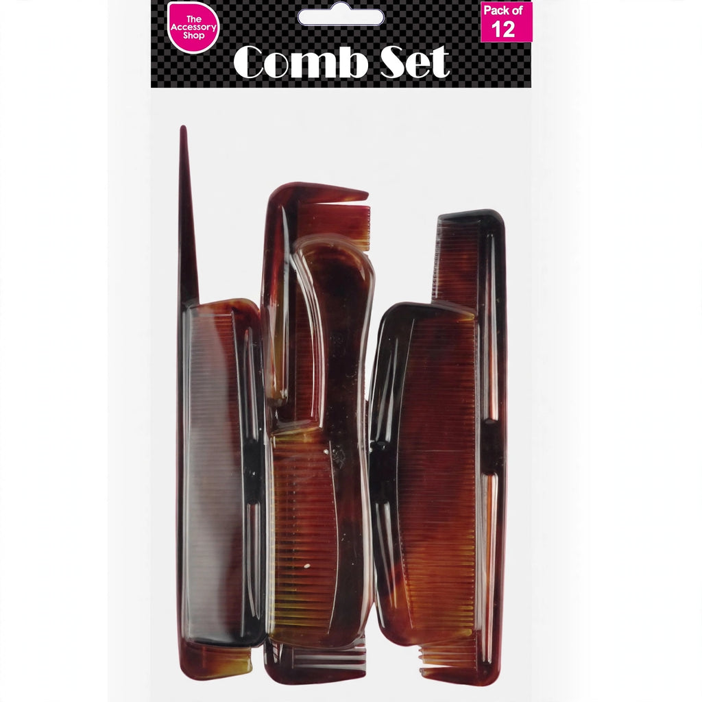 Close-up view of brown tortoiseshell style hair comb from the pack of 10