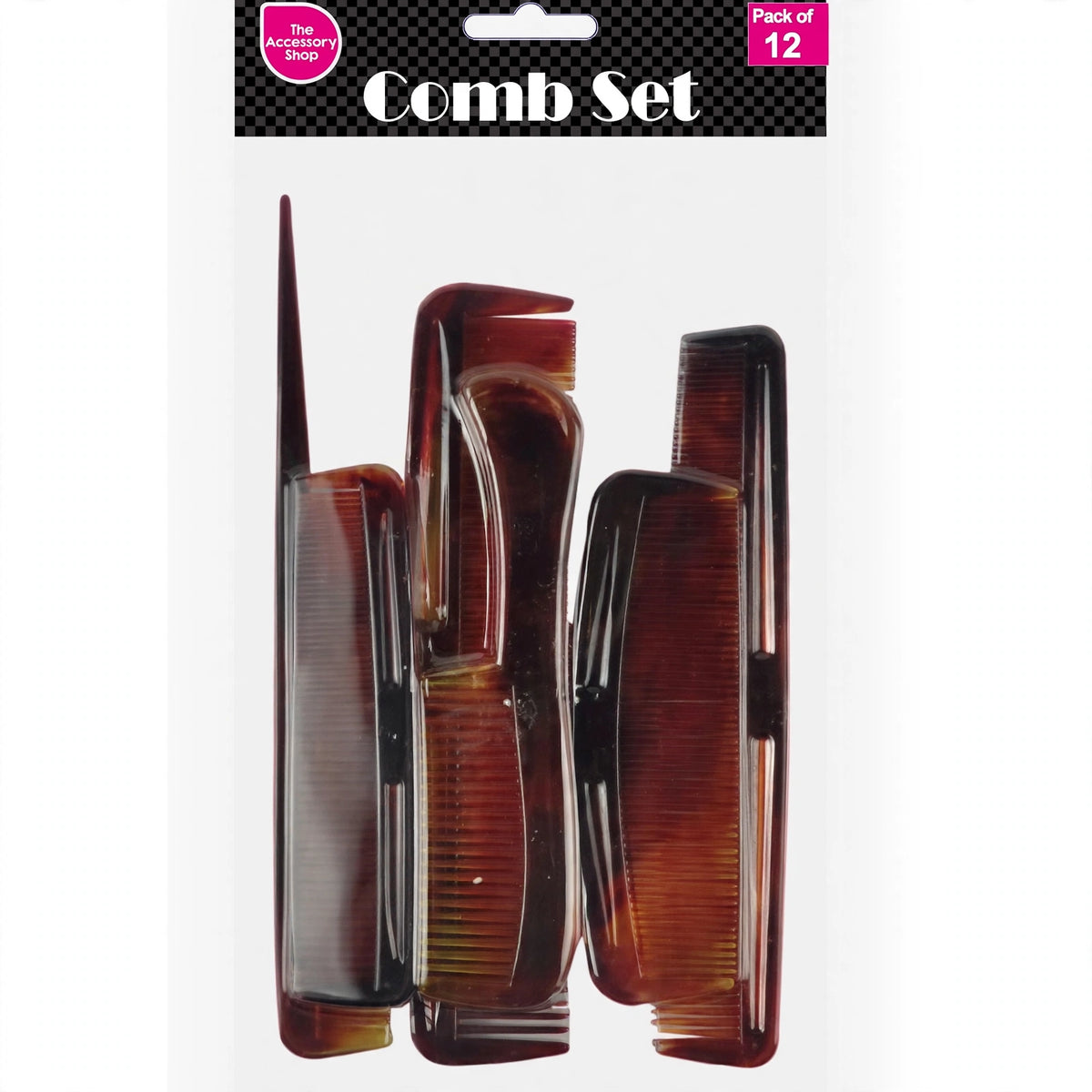 Close-up view of brown tortoiseshell style hair comb from the pack of 10