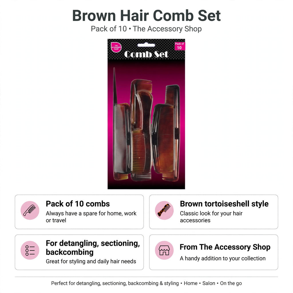 Infographic showing pack of 10 brown tortoiseshell style hair combs with uses for detangling, sectioning, backcombing and styling