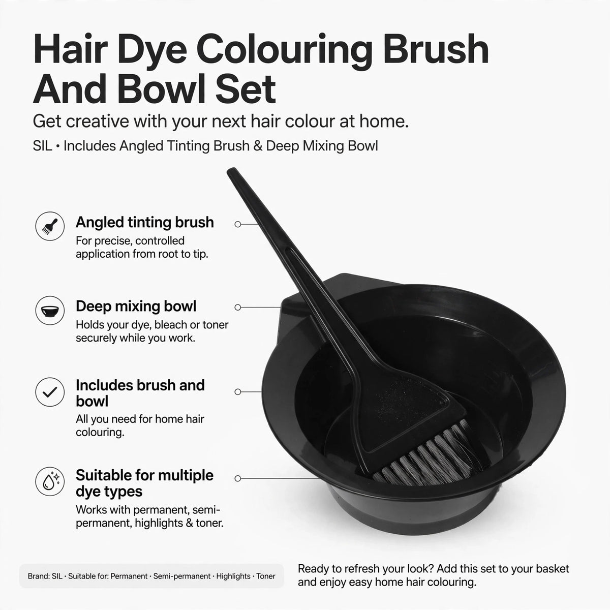 Infographic showing angled tinting brush for precise application and deep mixing bowl for holding dye