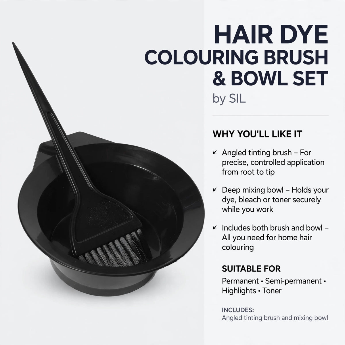 Hair Dye Colouring Brush And Bowl Set suitable for permanent, semi-permanent, highlights, and toner