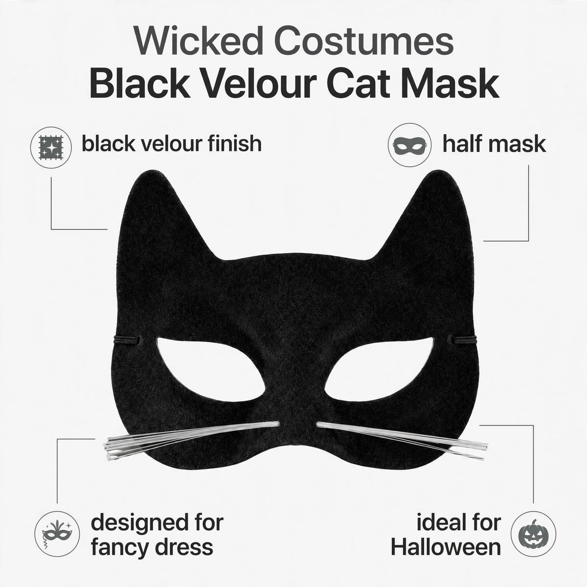 Infographic highlighting the black velour finish and half mask design of the Wicked Costumes Cat Mask.