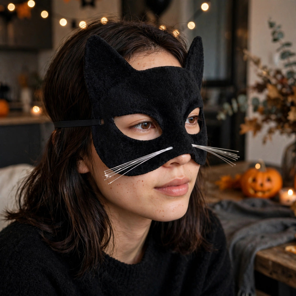 Wearing the Wicked Costumes Black Velour Cat Mask as part of a costume at a themed event.