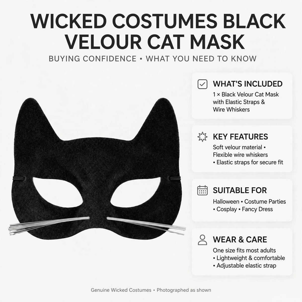 Wicked Costumes Black Velour Cat Mask designed for Halloween and themed events.