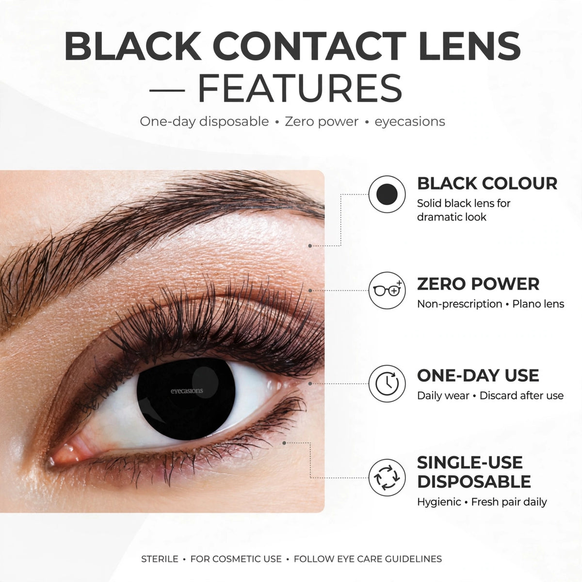 Infographic detailing features of Eyecasions Black-Out Contact Lenses