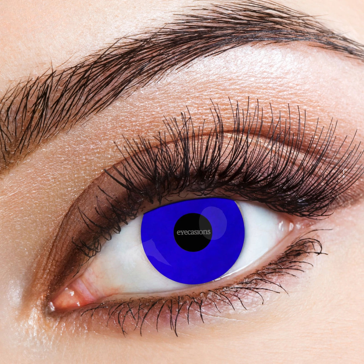 Detail view of electric blue contact lenses in packaging