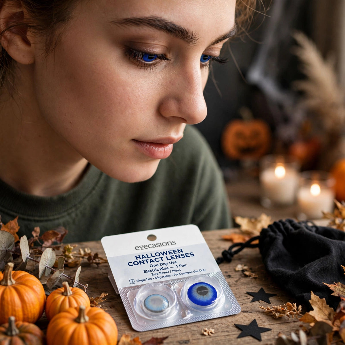 Electric blue contact lenses displayed in a Halloween setting