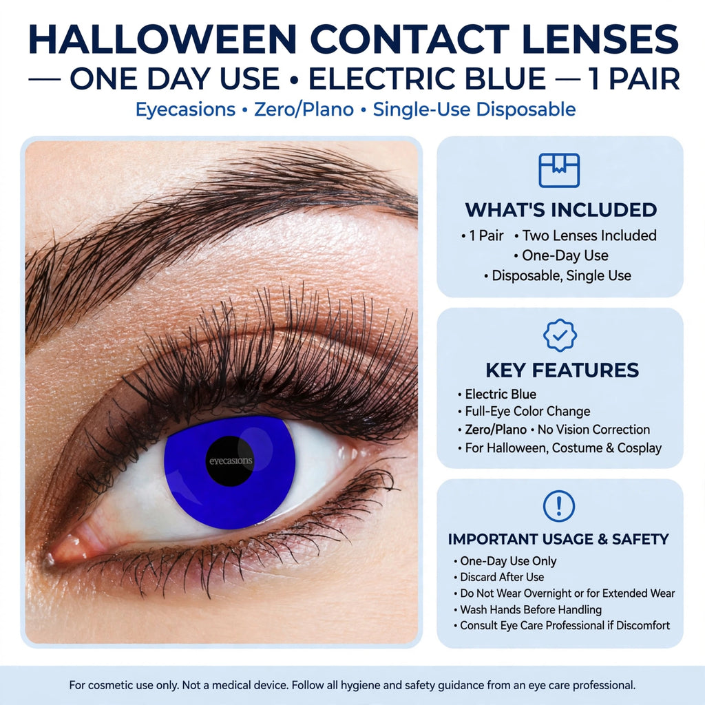 One pair of zero-power electric blue contact lenses for one day use