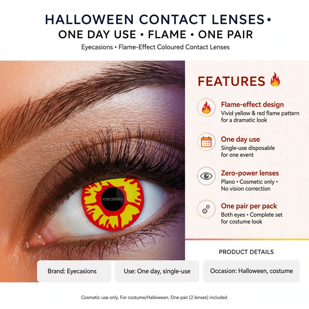 Infographic showing flame-effect design, one day use, zero-power lenses, and one pair per pack