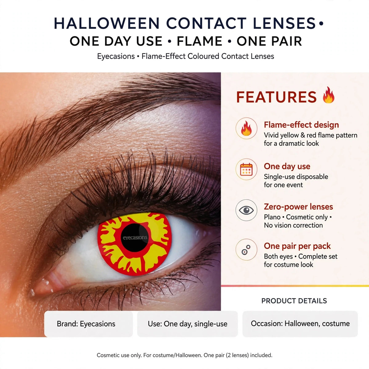 Infographic showing flame-effect design, one day use, zero-power lenses, and one pair per pack