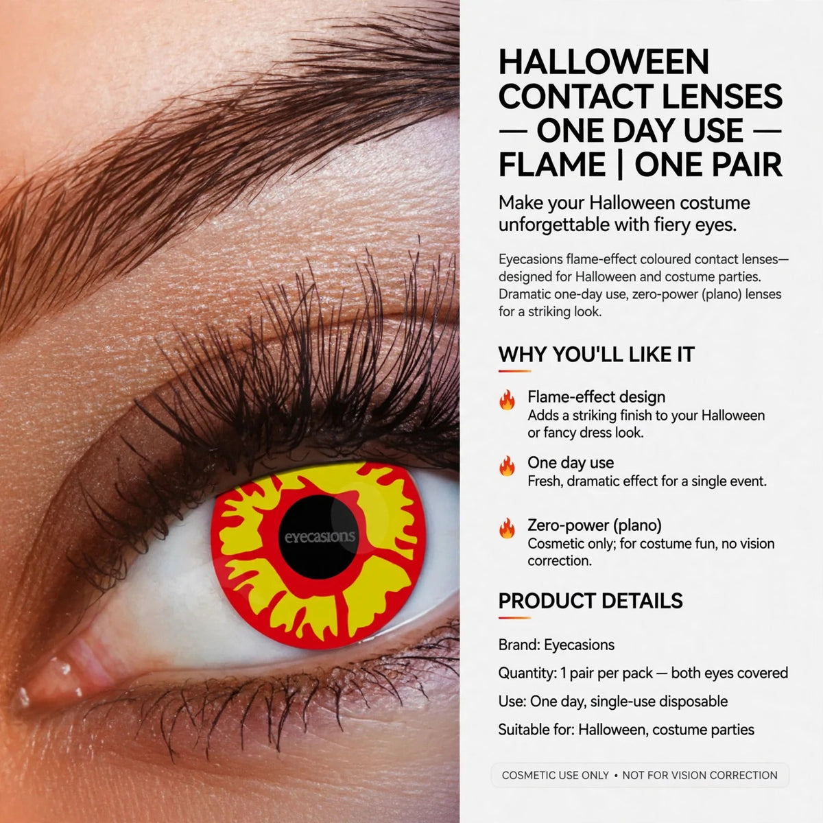 Information about one day use, zero-power cosmetic lenses, and one pair included