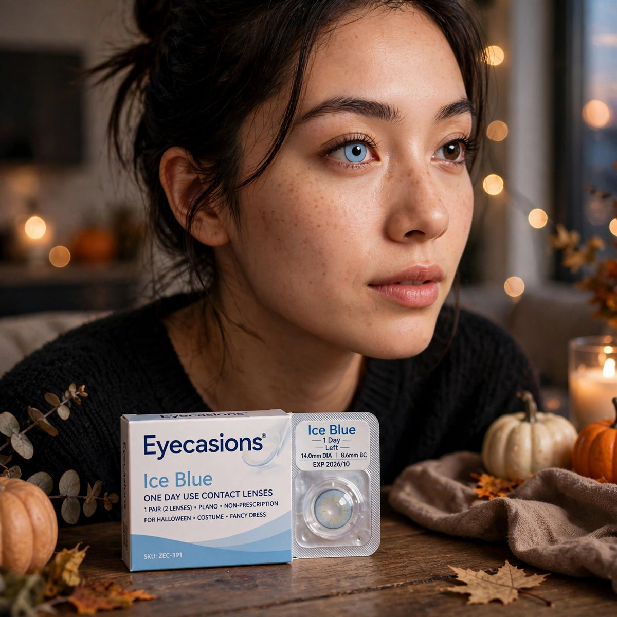 Eyecasions Ice Blue contact lenses displayed for Halloween costumes