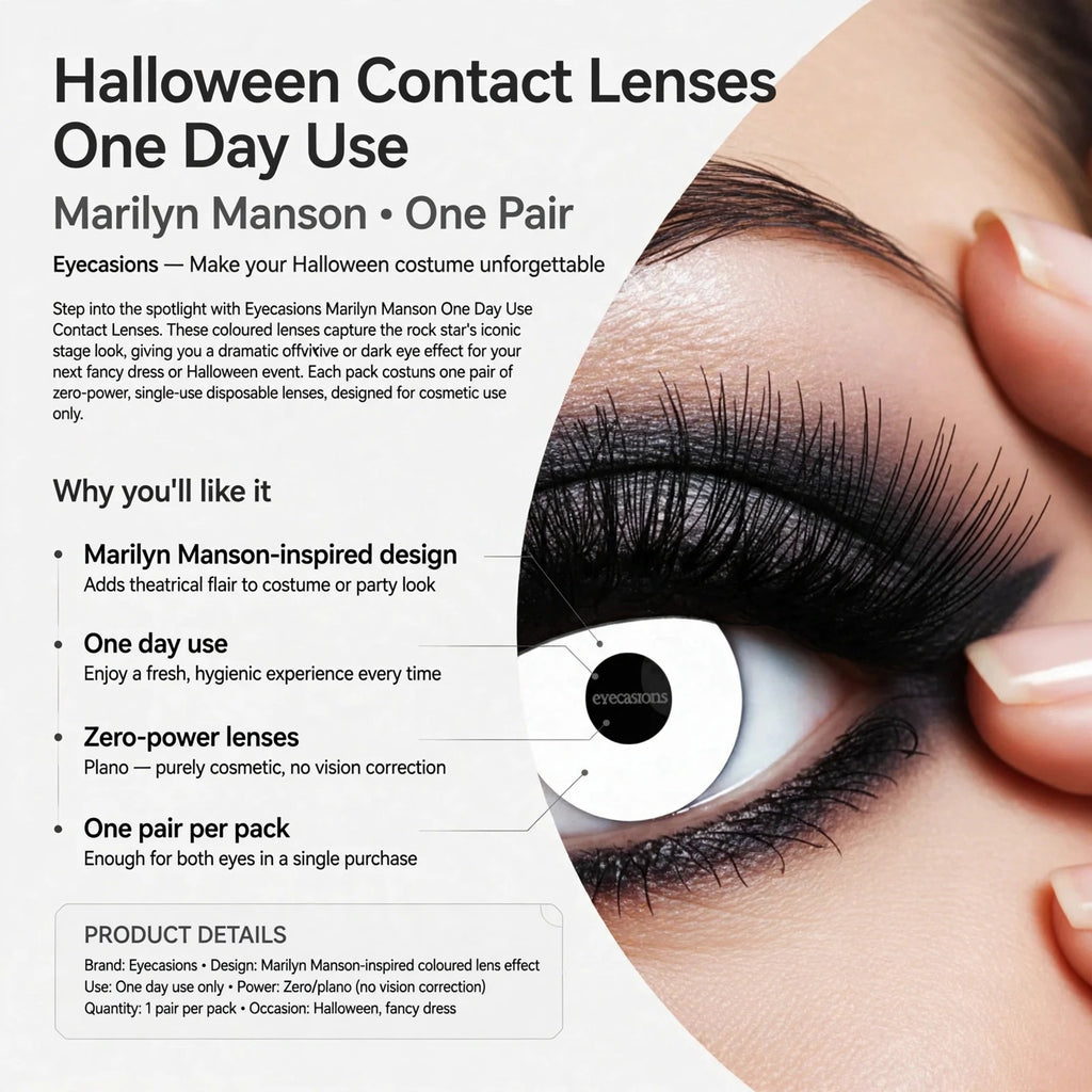 Infographic showing Marilyn Manson-inspired design, one day use, zero-power lenses, and one pair per pack
