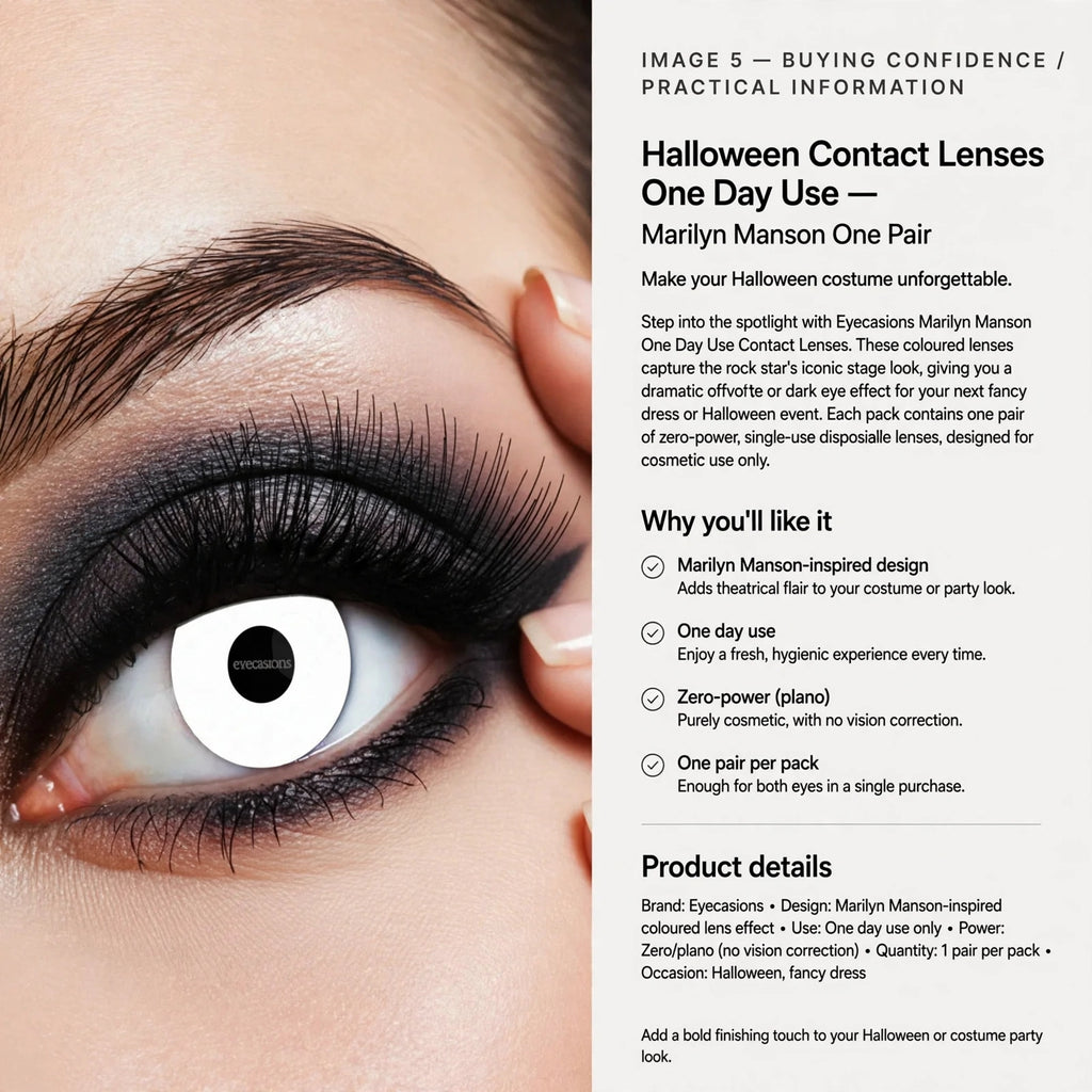 Information on one day use, zero-power cosmetic lenses, and one pair included per pack