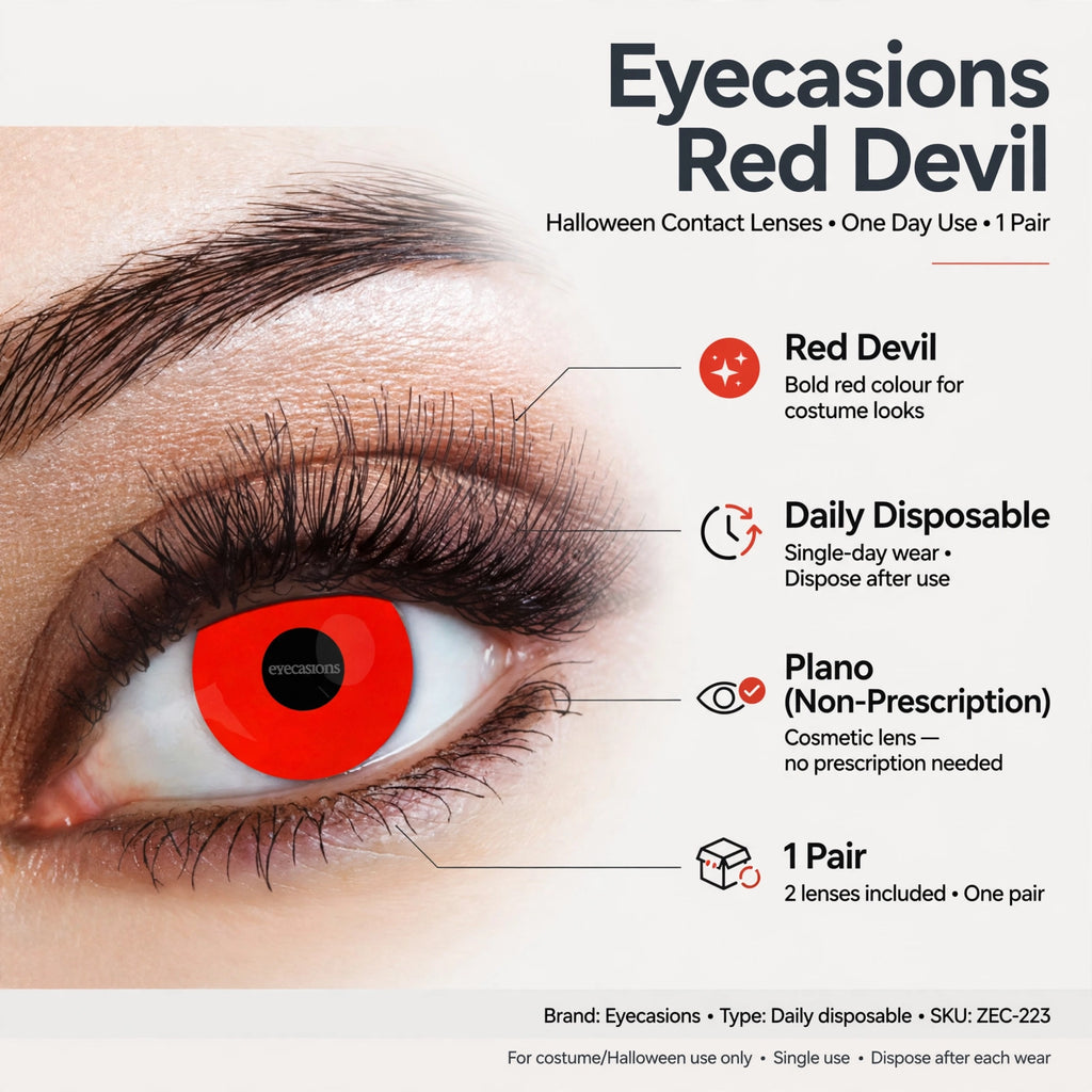Features of Eyecasions Red Devil daily disposable contact lenses.