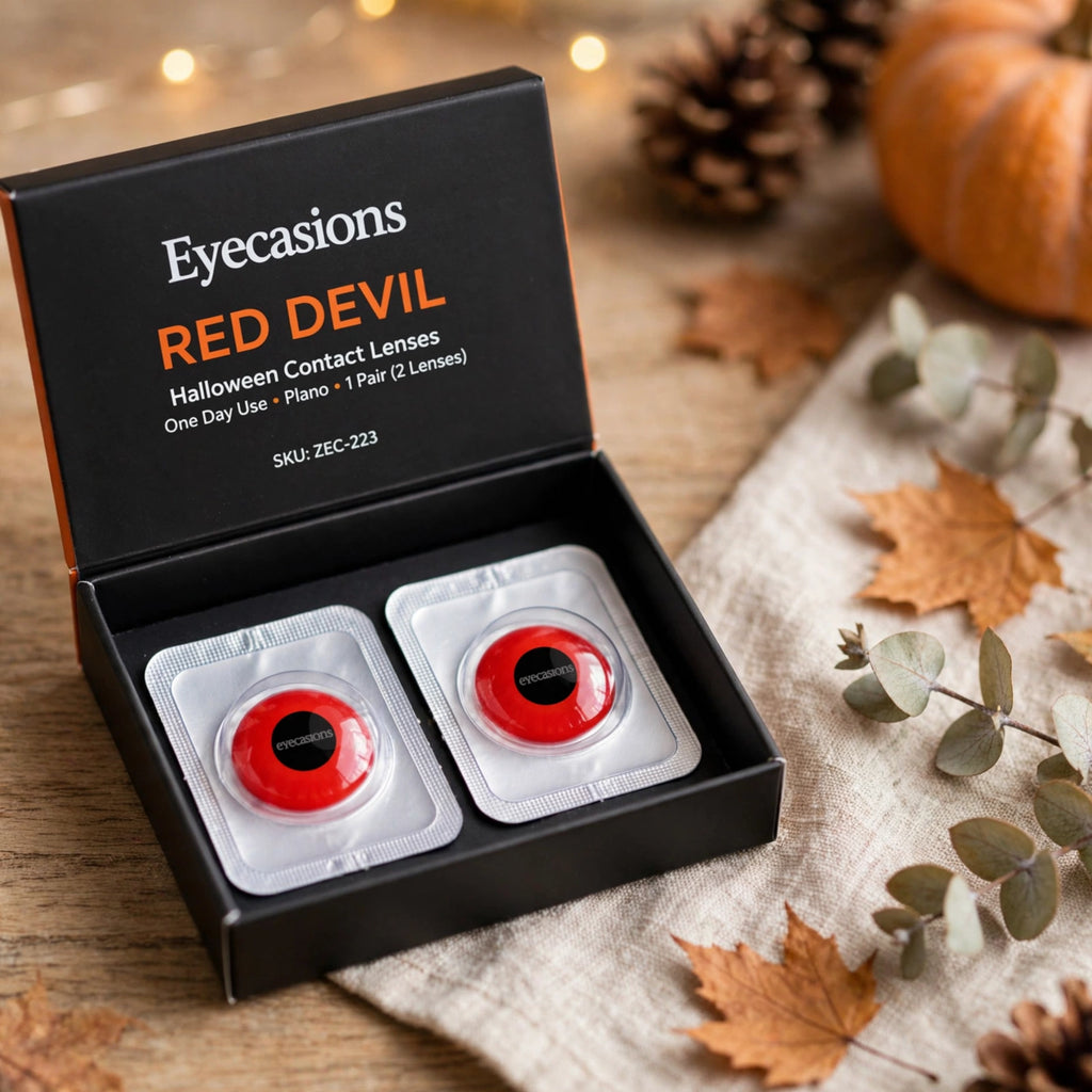 Red Devil contact lenses used in a Halloween costume setting.