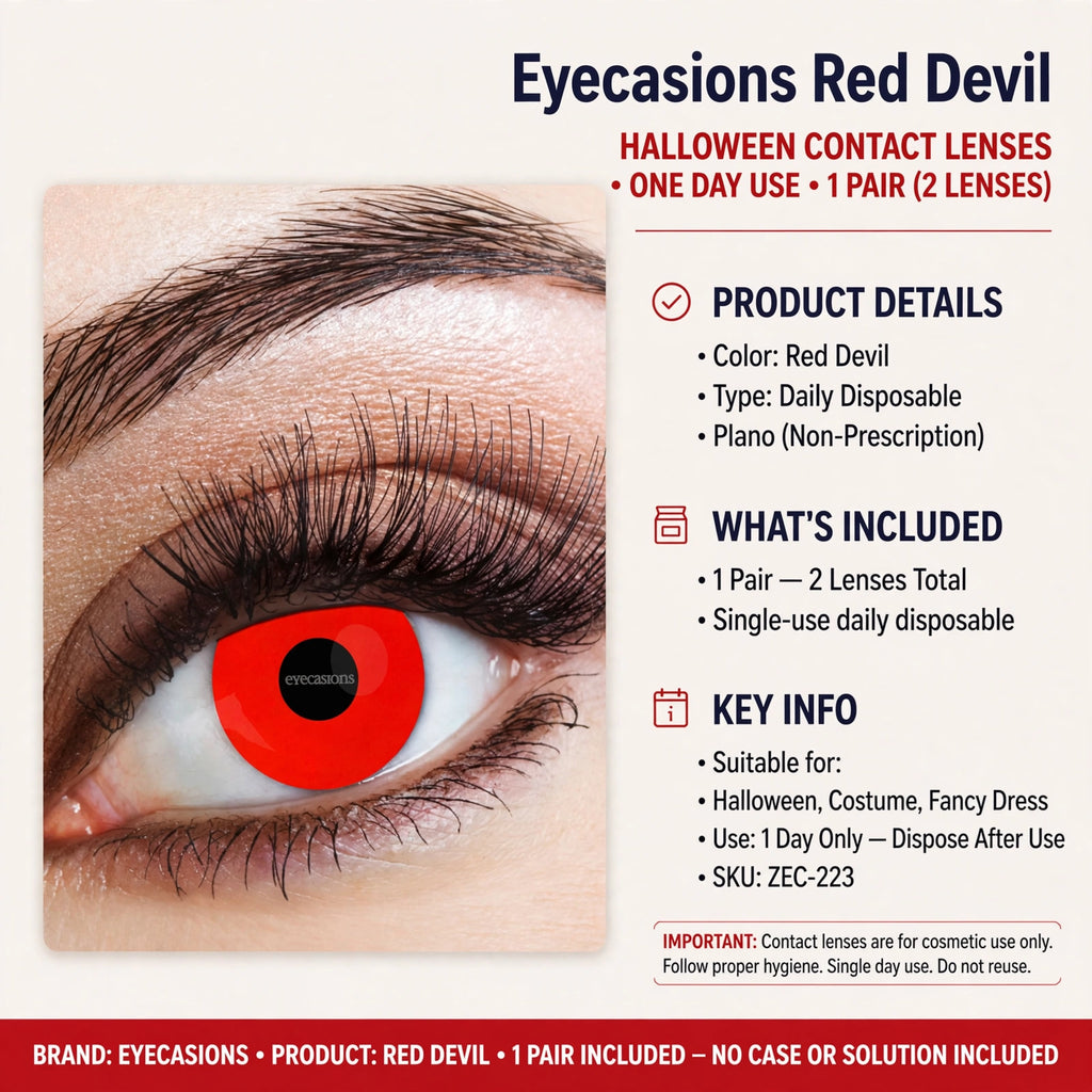 Eyecasions Red Devil contact lenses are single-day wear disposable lenses.