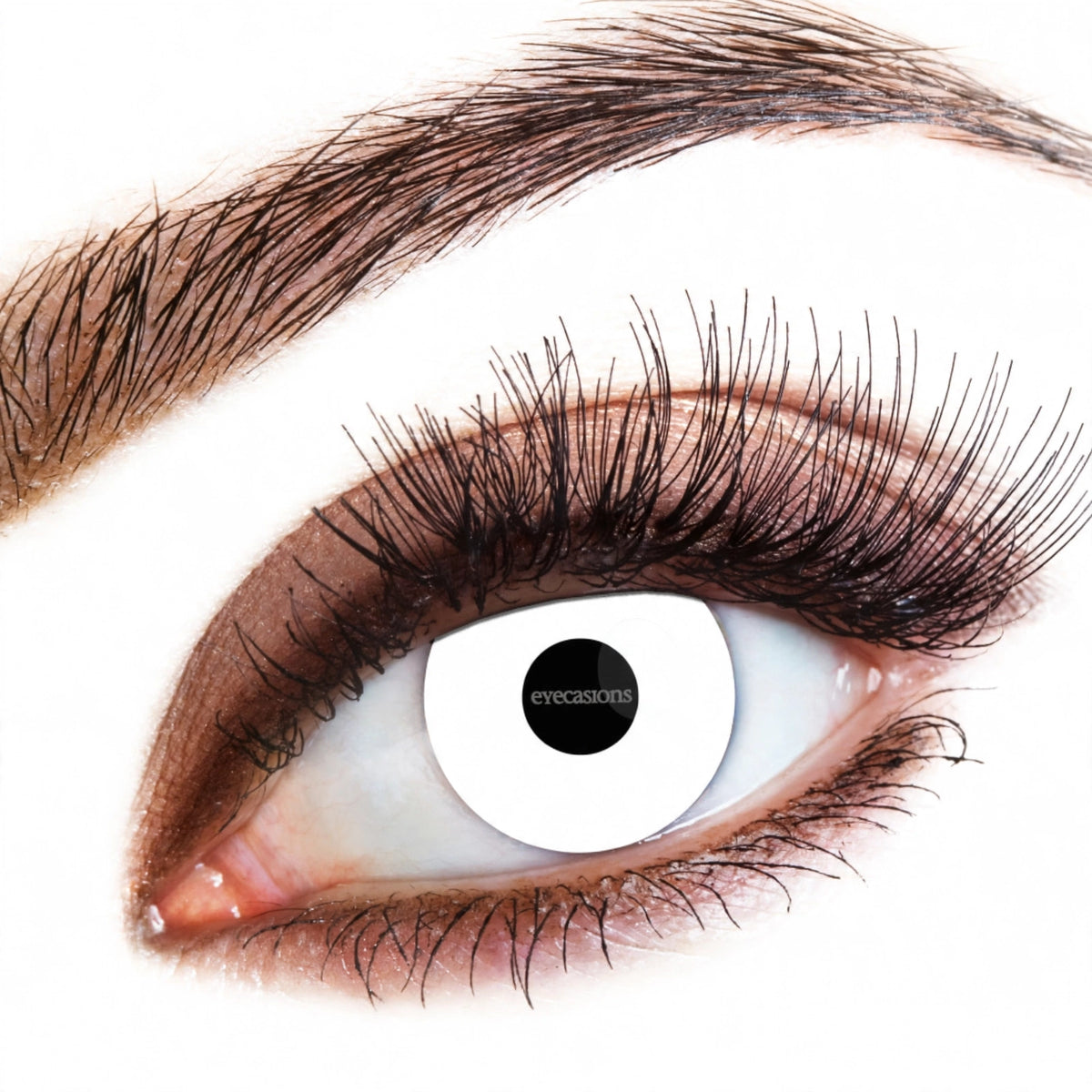 Eyecasions white Halloween contact lenses showing striking white iris effect.