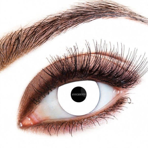 Eyecasions white Halloween contact lenses showing striking white iris effect.