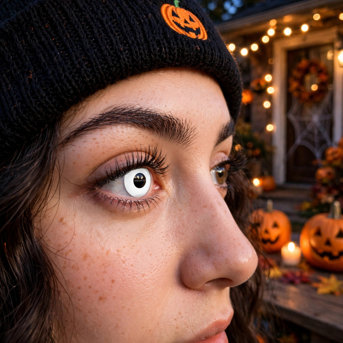Model wearing Eyecasions white Halloween contact lenses in Halloween costume.
