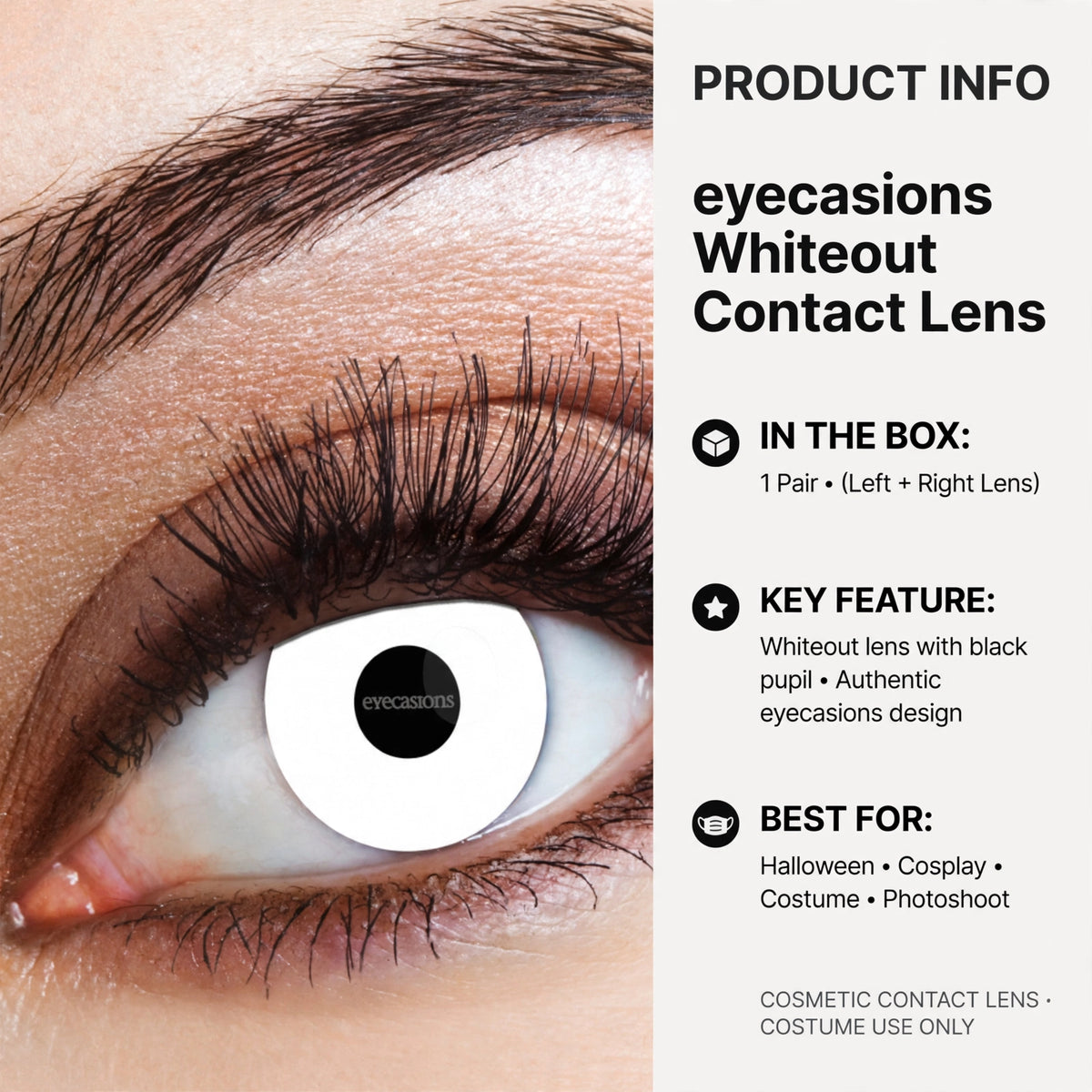Eyecasions white Halloween contact lenses designed for one day use with zero power for cosmetic effects.