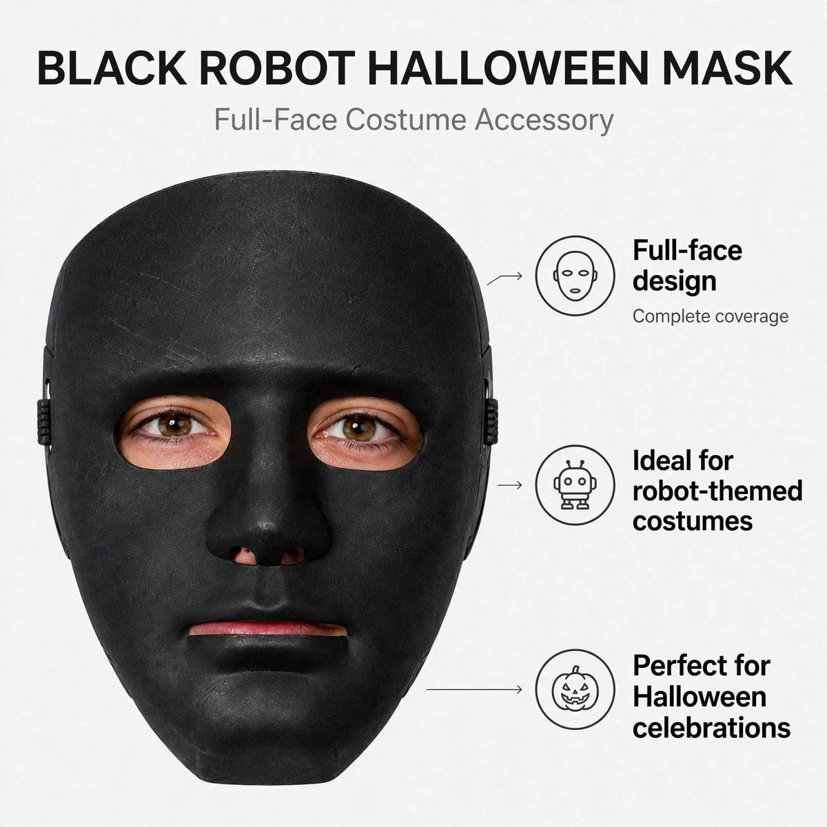 Features of the Black Robot Halloween Mask, showcasing full-face design