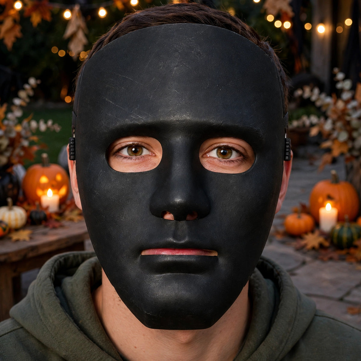 Person wearing the Black Robot Halloween Mask at a Halloween event