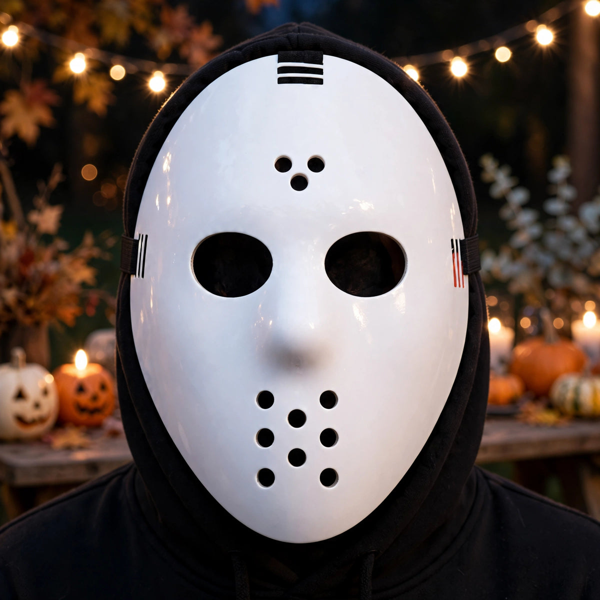 Jason Voorhees hockey mask worn at a Halloween party