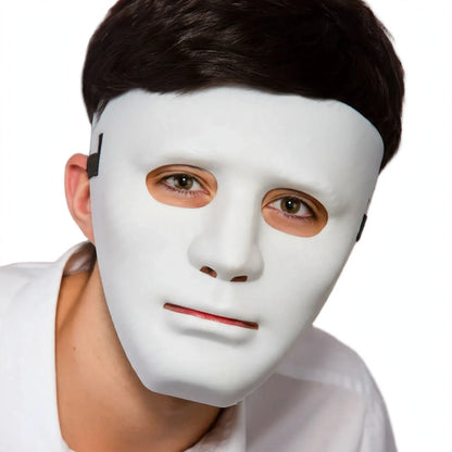 Close-up view of White Robot Halloween Mask showing metallic-look detailing and rigid construction