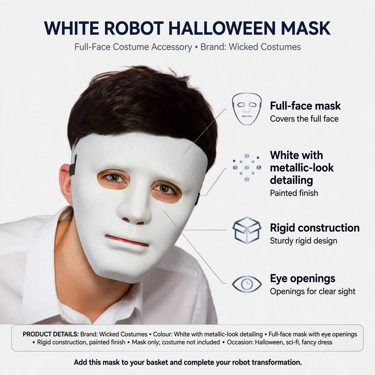 Features of White Robot Halloween Mask including full-face coverage, rigid construction, painted finish, and eye openings