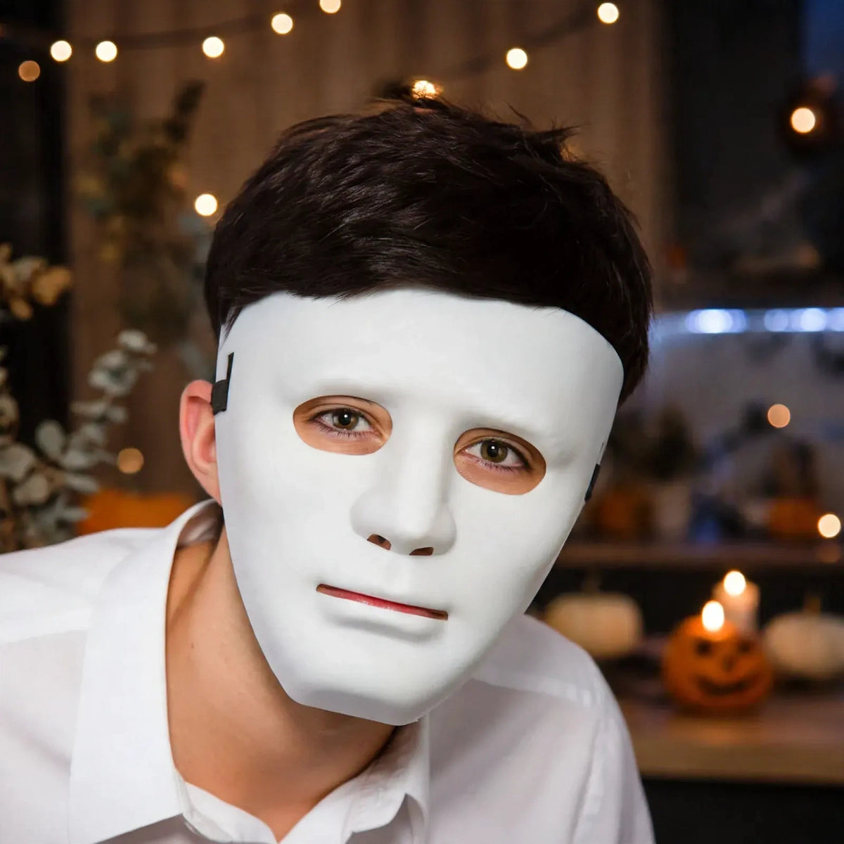 White Robot Halloween Mask worn as part of a robot or sci-fi costume for Halloween or fancy dress