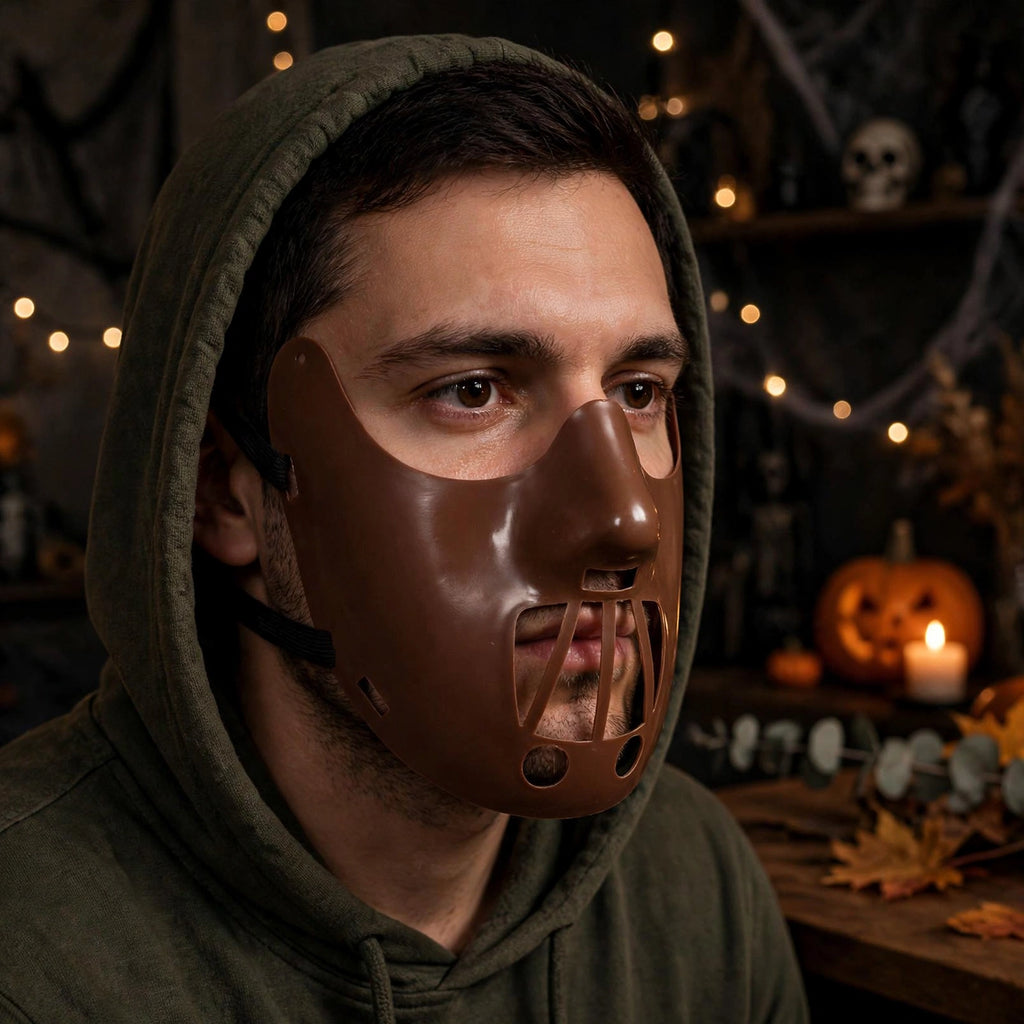 Person wearing Hannibal Lecter mask as part of Halloween outfit