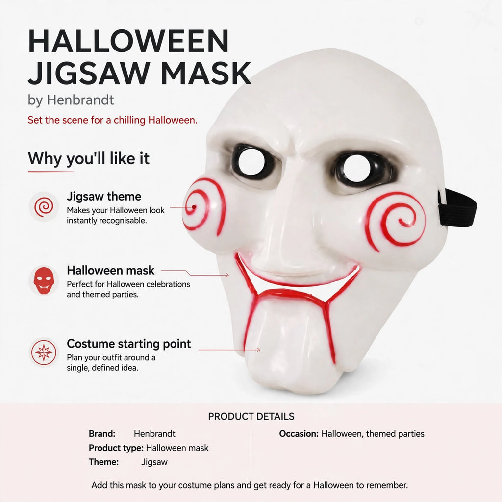 Infographic showing Jigsaw theme and Halloween mask features