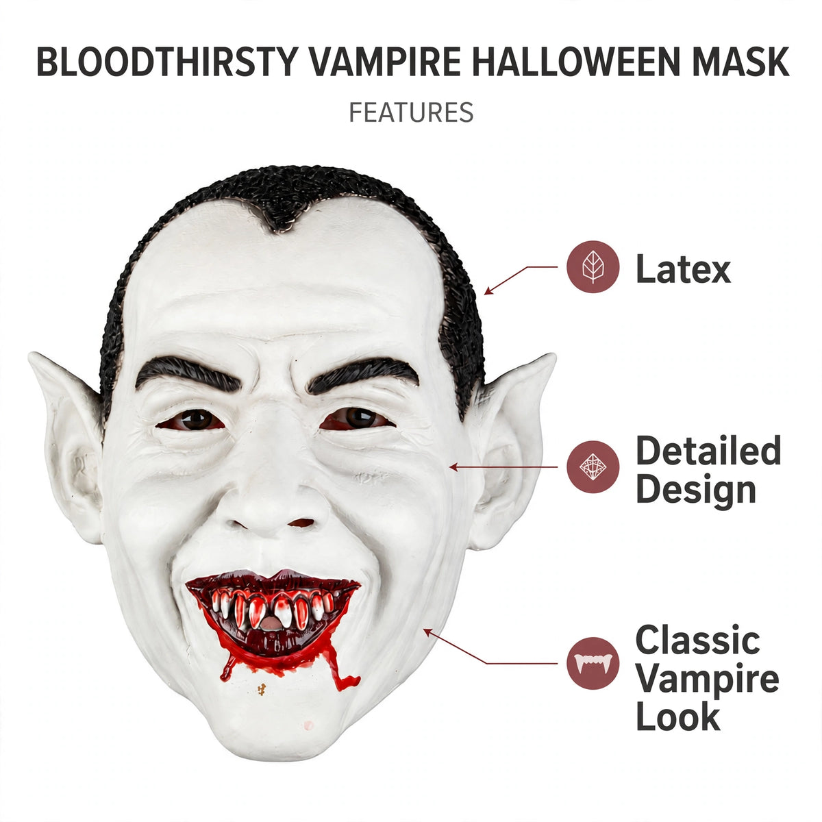 Features of the Bloodthirsty Vampire Halloween Mask highlighting latex material and detailed design