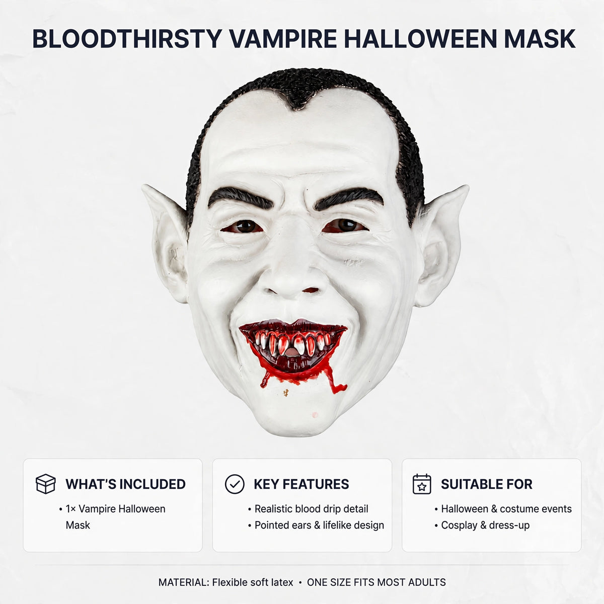 Bloodthirsty Vampire Halloween Mask made from latex for a realistic appearance