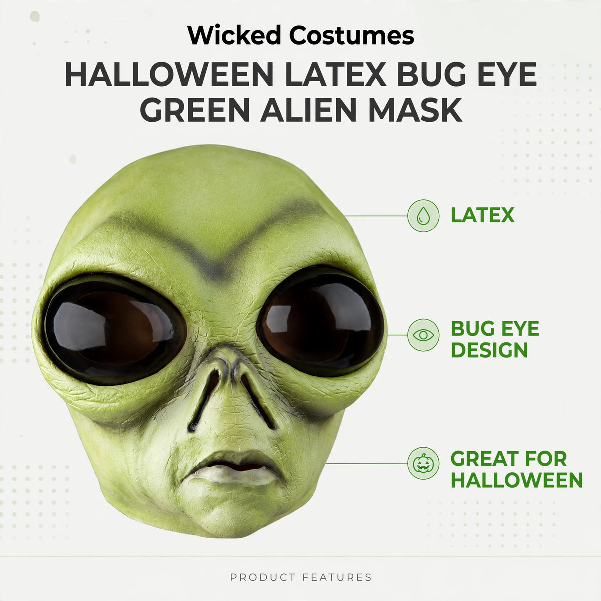 Features of the Bug Eye Green Alien Mask including latex and distinctive design