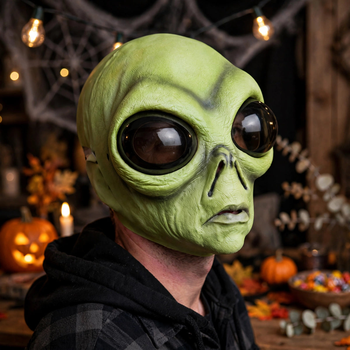 Bug Eye Green Alien Mask displayed in a Halloween party setting