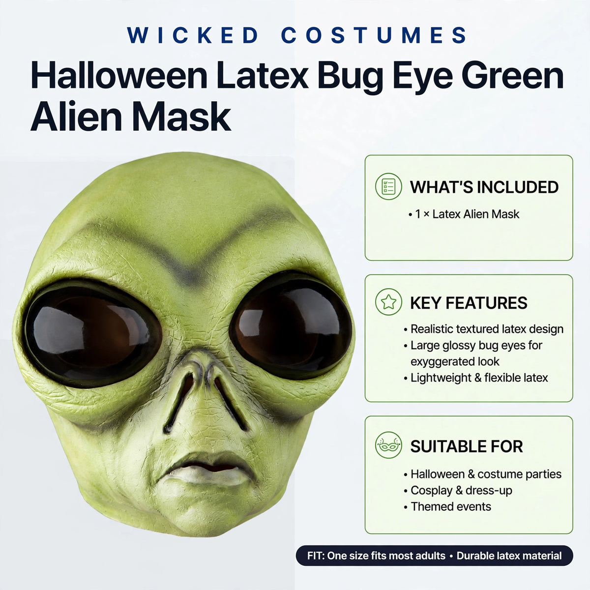 Latex material used in the Bug Eye Green Alien Mask for realistic appearance