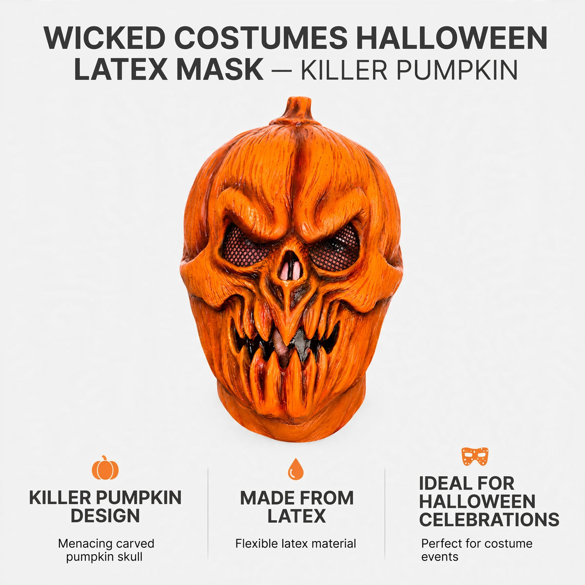 Infographic highlighting killer pumpkin design and latex material of the mask