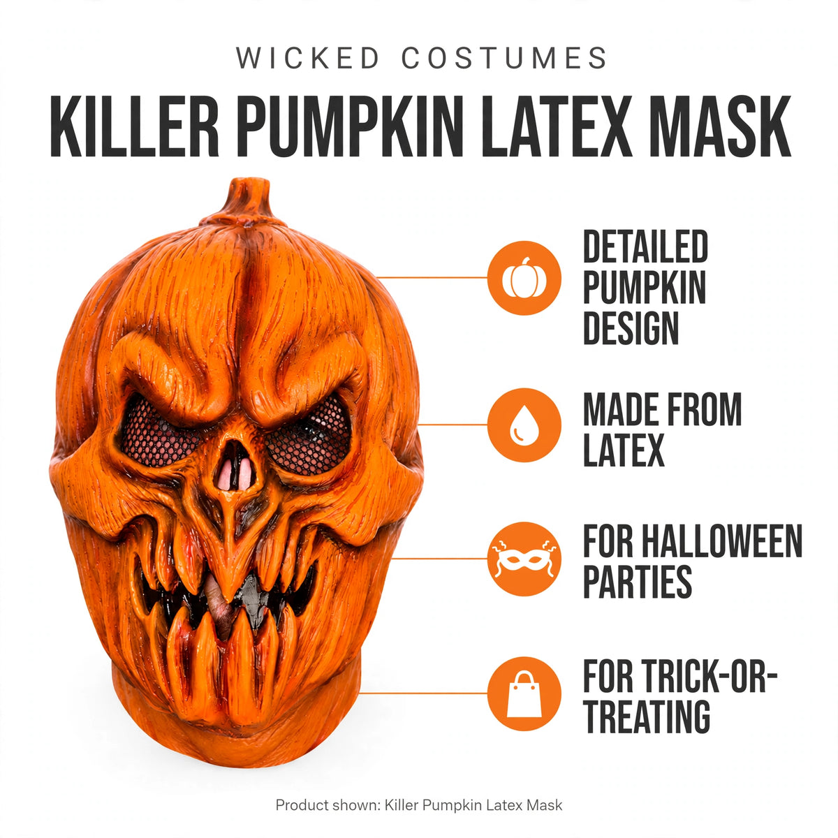 Killer Pumpkin Latex Mask features detailed pumpkin design and latex material