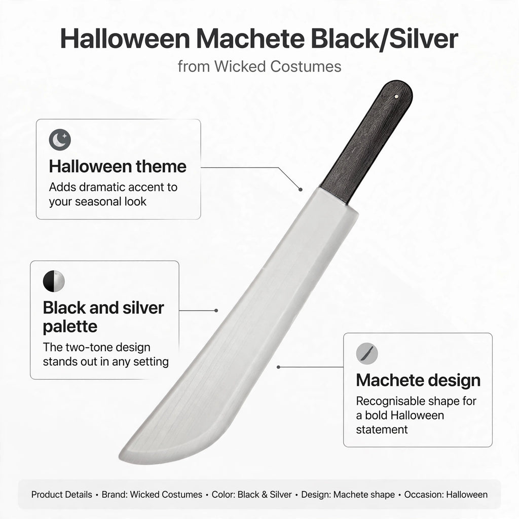 Halloween machete features Halloween theme, black and silver palette, machete shape