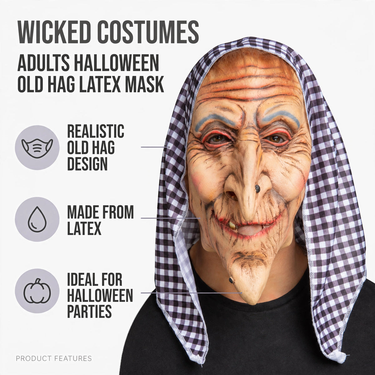 Features of Wicked Costumes Adults Halloween Old Hag Latex Mask