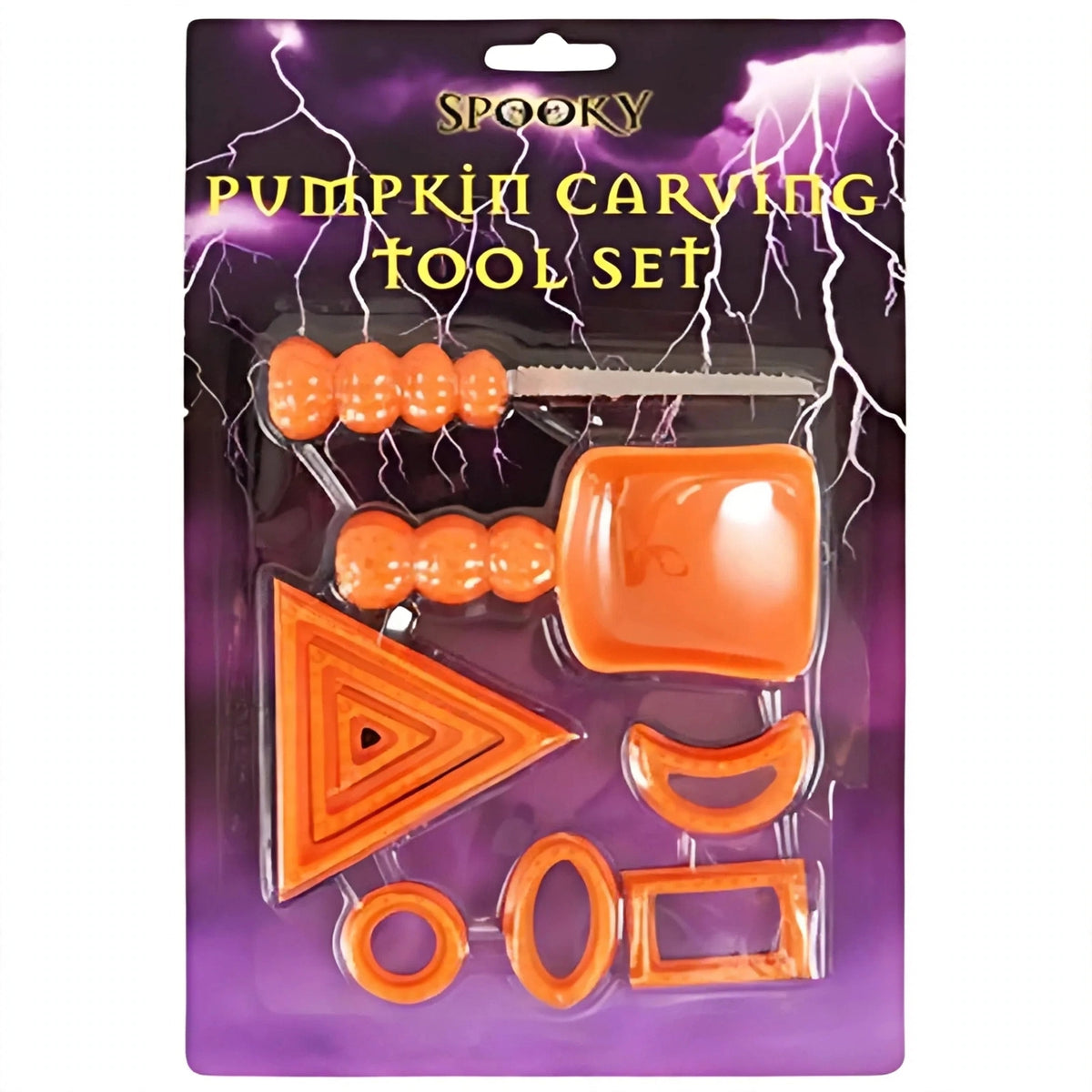 Close-up view of individual tools in the 9-piece Halloween pumpkin carving set