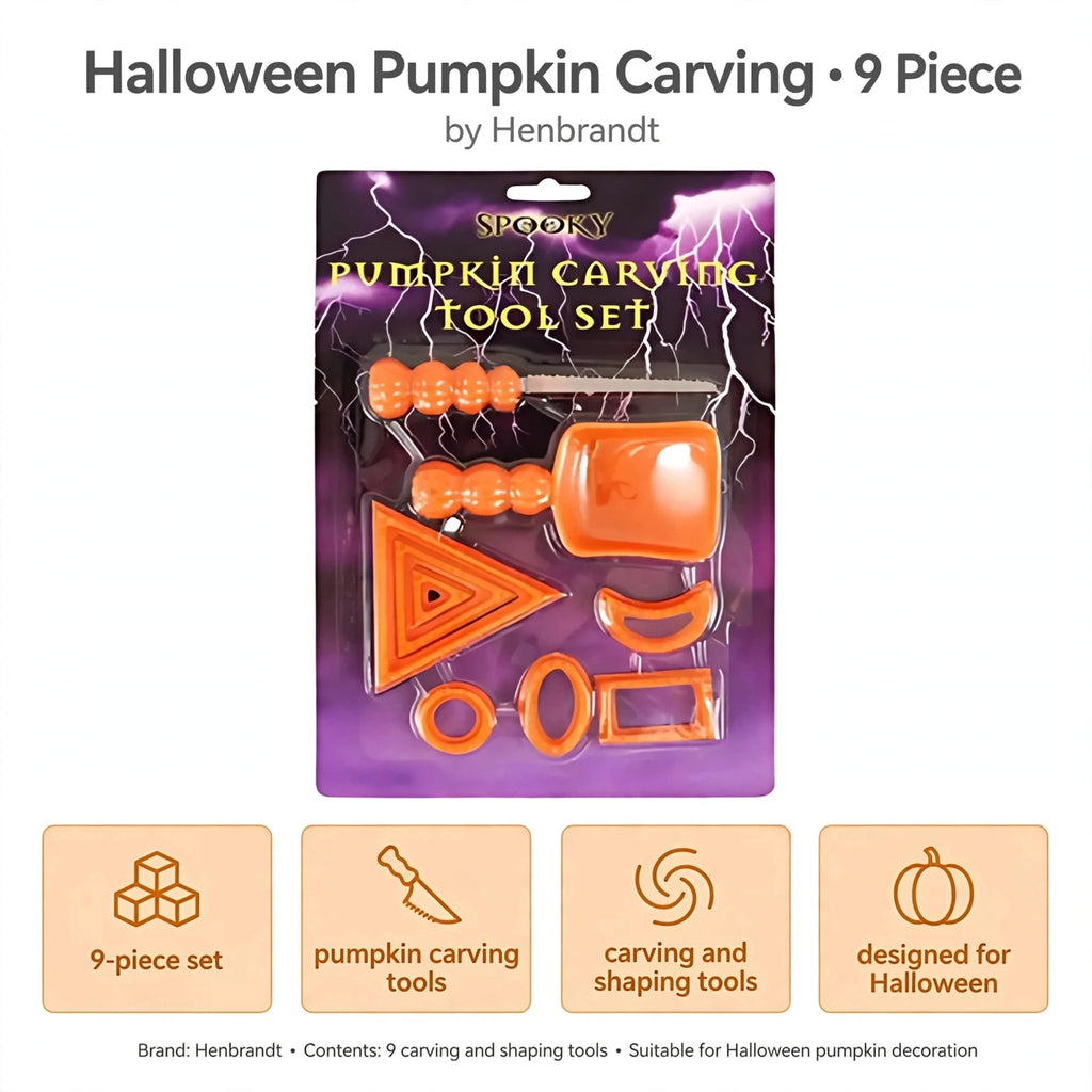Infographic showing 9-piece pumpkin carving tool set designed for carving and shaping