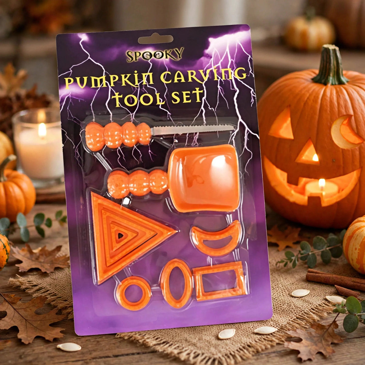 Halloween pumpkin carving tool set displayed for use in pumpkin decoration