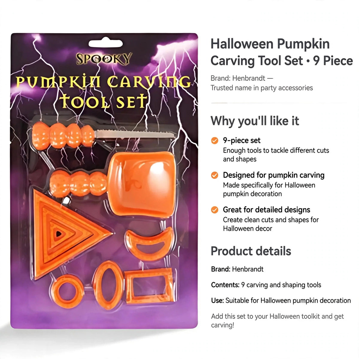 Pumpkin carving tool set by Henbrandt designed specifically for Halloween pumpkin decoration